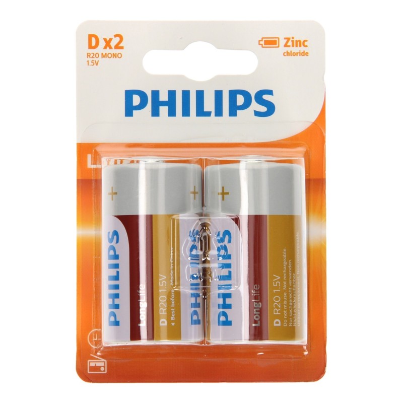 2 stk. D PHILIPS Longlife Batterier Også Kaldet R20